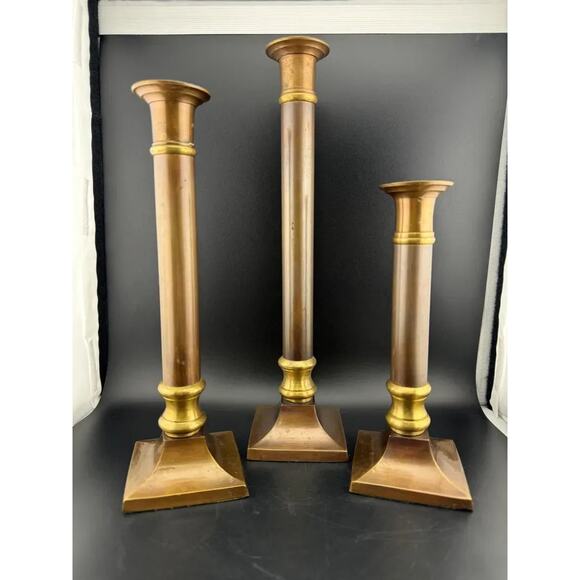 Set of Three Century Two-Tone Brass Taper Candlesticks - Picture 1 of 4